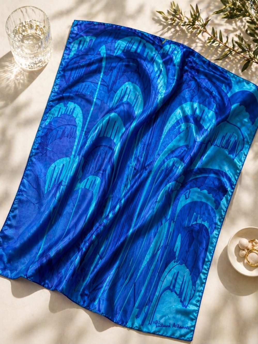 Richard Allan Silk Scarf Blue Abstract Print 29” x 28” Hand Rolled Edges Luxury